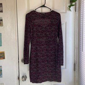 Eggplant evening long sleeve mini dress with silver floral. sheer chest/midriff
